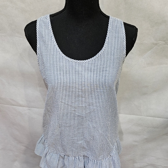 Charming Charlie Blue & White Stripped Ruffle Hem Top with Bow Accent Back Sz S - Picture 2 of 8
